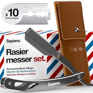 Scheermes van Sapiens Barbershop - Professionele kappersmes met 10 Derby dubbele bladen (20 enkele bladen) - Barbiersmes met verwisselbare messen - Baardmes voor mannen Silver Edition