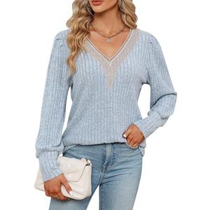 Damestrui, casual, comfortabel, geribbeld, lange mouwen, met kant en V-hals, elegante damesblouse voor dagelijks gebruik, lichtblauw, L