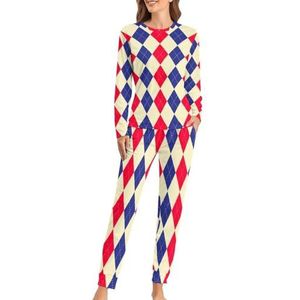 Blauw Rood Argyle Patroon Zachte Dames Pyjama Lange Mouw Warm Fit Pyjama Loungewear Sets met Zakken 2XL