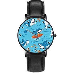 Leuke Cartoon Surf Haaien Koraal Onderwater Patroon Klassieke Patroon Horloges Persoonlijkheid Business Casual Horloges Mannen Vrouwen Quartz Analoge Horloges, Zwart