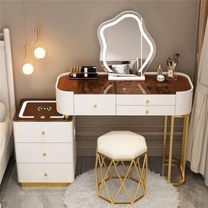 EdNey Vanity Desk Set, met 3-kleuren dimbare verlichte spiegel, 5 laden, gewatteerde kruk, met draadloos oplaadstation en Bluetooth-luidspreker (kleur: wit+bruin-kruk, maat: 100 cm)