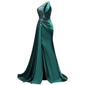 KIYNE Satijnen baljurk met één schouder en split zonder mouwen, zeemeermin, formele feestjurk, lange afstudeerjurk, Turkoois, 46 grote maten