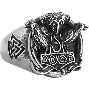 Mannen Viking Mjolnir Ring - Noordse Odin Raven Thor's Hammer RVS Ring - Handgemaakte Gepolijste Zware Valknut Symbool Vintage Animal Amulet Ring Sieraden Maat 7-13 (Color : Silver, Size : 12)