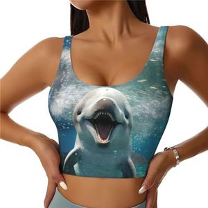 Grappige gewatteerde tanktops met dierendolfijnprint en ingebouwde beha, perfect voor yoga, training en hardlopen, Zwart, S