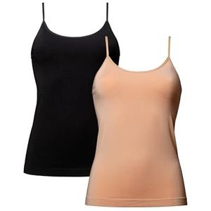 DANISH ENDURANCE Naadloze Hemdjes van Bamboe Viscose, Spaghetti Bandjes, Hypoallergeen & Huidvriendelijk, voor Dames, 2-pak, Veelkleurig (1 x Zwart, 1 x Beige), X-Large/XX-Large