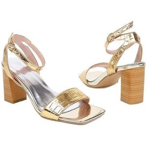 HFIRHfgj 7,5 cm vierkante open teen enkele band dikke hak sandalen met gesp enkelbandje feest trouwjurk,Goud,34 EU