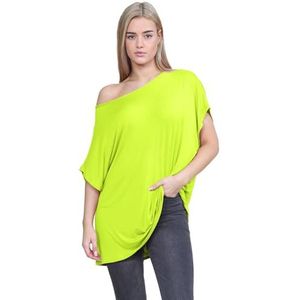 Hamishkane® Bardot Baggy-stijl oversized T-shirt voor dames - nieuwe effen dames off-shoulder vleermuistop, modieuze damestops voor casual feestkleding, Neon Geel, 46-48 grote maten