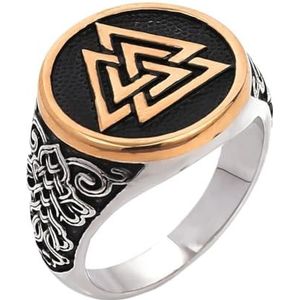 Viking Valknut Ring Voor Heren - Noorse Odin Driehoek Symbool Zegelring Van Roestvrij Staal - Mode Hip Hop Biker Vintage Amulet Keltische Ring Bescherming Sieraden (Color : Gold, Size : 09)