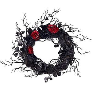 Duffire Halloween kransen 40 cm voor voordeur, gotische stijl kunstmatige bige roos en dood hout krans voor horrorfeest, begraafplaats, tuindecoratie