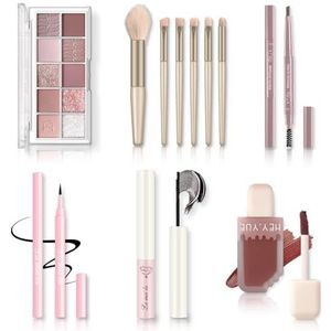 Alles-in-één make-upset - make-upset voor vrouwen, meisjes en tieners, inclusief 10 kleuren oogschaduwpalet, lipgloss, wenkbrauw- en eyelinerpotlood, waterdichte mascara, 6 stuks make-upborstels (roze