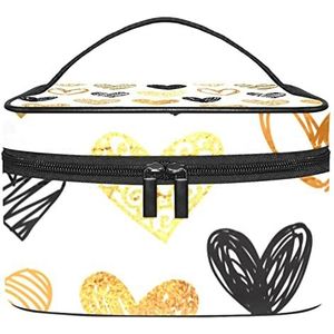 Make-up Organizer Bag, Reizen Make-up Tas Organizer Case Draagbare Cosmetische Tas voor Vrouwen en Meisjes Toiletartikelen Handgeschilderde Gouden Zwarte Harten, Meerkleurig, 22.5x15x13.8cm/8.9x5.9x5.4in