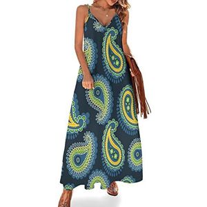 Paisley patroon dames zomer maxi-jurk V-hals mouwloze spaghettibandjes lange jurk