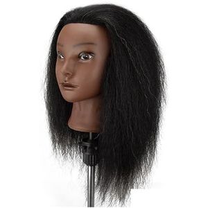 Afrikaans mannequinhoofd, echt haar, kappersopleidingshoofd met statief, mannequin, cosmetologiepophoofd for vlechten en styling(Only One Head 1)