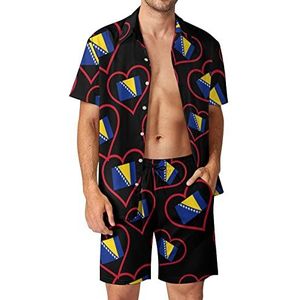 I Love Bosnisch rood hart Hawaiiaanse bijpassende set voor heren, 2-delige outfits, overhemden en shorts met knopen voor strandvakantie