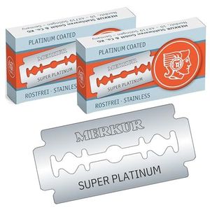 MERKUR Super Platinum 910 Scheermesjes, roestvrij staal, 20 stuks, geschikt voor traditionele scheermesjes, dubbelzijdige scheermesjes met platina en teflon gecoat, roestvrij staal