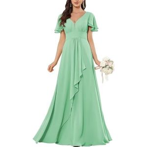 HPPEE Flutter Mouw V-hals Chiffon Bruidsmeisjesjurken voor Vrouwen Ruches A-lijn Maid of Honor Formele Avondjurk, mintgroen, 32