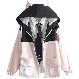 Meisjes Leuke Print Losse Lange Mouw Rits Jassen Kawaii Jassen Leuke Kat Zak Kleur Bijpassende Hoodie Japanse Tops voor Vrouwen, Zwart, L