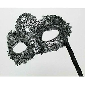Dames zwart en zilver brokaat juwelen Venetiaanse maskerade carnaval bal feest masker hand gehouden op een stok