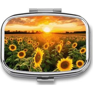 Pillendoos met spiegel 2 compartimenten draagbare zonnebloem veld zonsondergang pillenorganisator voor zak of portemonnee reizen medicijnen pillendoosje wekelijkse geneeskunde pillenhouder voor