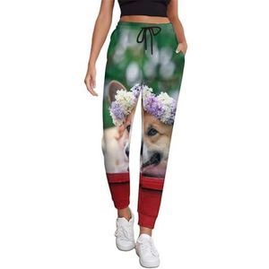 Leuke corgi met lila bloemen vrouwen joggingbroek running joggingbroek casual broek elastische taille lang met zakken