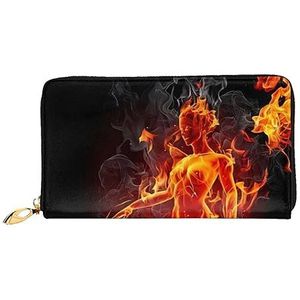 OPSREY Fire Nude Woman Flame Printed Echt Lederen Portemonnee Mannen en Vrouwen Lange Clutch Draagbare Zip Portemonnee, Vuur Naakt Vrouw Vlam, Eén maat