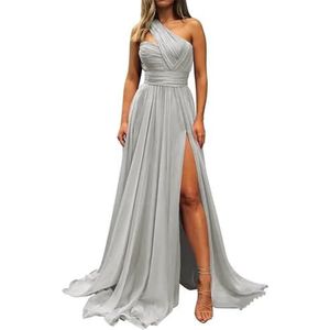 Chiffon bruidsmeisjesjurken voor dames, voor bruiloft, ruches galajurken, plooien, cocktailjurken, grote maten, Zilver, 32