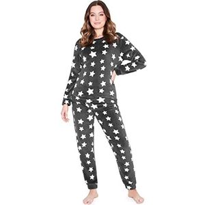 CityComfort Pyjama voor dames, lange fleece pyjama voor dames, huispak, behaaglijk, grijze sterren, L