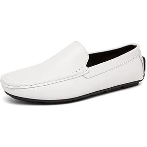 Loafers for heren Effen kleur Ronde neus PU-leer Rij-instappers Antislip platte hak Flexibele buitenslip-on (Color : White, Size : 44 EU)