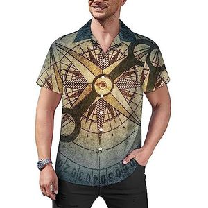 Piraat en vintage kompas casual overhemden voor heren, korte mouwen, Cubaanse kraag, T-shirts, tops, Hawaiiaans T-shirt, L