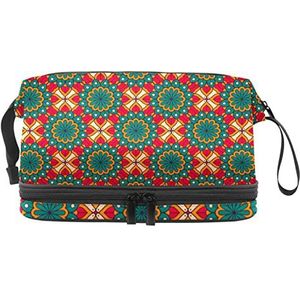 Dubbele Laag Cosmetische Tas Groen Rood Mandala Draagbare Make-up Tas Reizen Organizer Pouch voor Vrouwen Meisjes Toiletartikelen Tassen, Meerkleurig, 27x15x14 cm/10.6x5.9x5.5 in, Make-up zakje