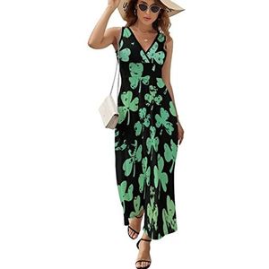 Retro groene klaver patroon dames maxi lange jurk V-hals mouwloze tank zonnejurk zomer