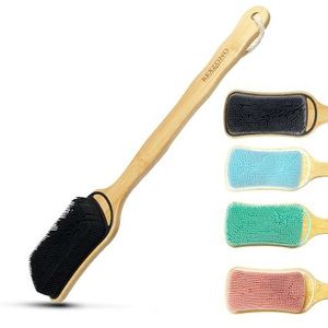 Rexzono Siliconen rugschrobber voor douche, exfoliërende lichaamsscrubber, badborstel rugschrobber, lange steel, siliconen loofah, rugborstel voor douche, douche-body scrubber (zwart)