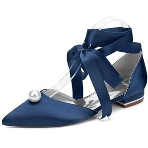 EICOFF Dames Puntige Teen Flats Pumps Vrouwen Lage Hak Parel Satijnen Sandalen Slip-op Bruiloft Bruids Feest Jurk Werkschoenen,Dark blue,36 EU