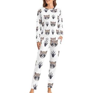 Reccoon Paw Print Zachte Womens Pyjama Lange Mouw Warm Fit Pyjama Loungewear Sets met Zakken 4XL