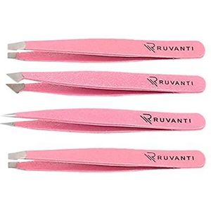Ruvanti -4-delige professionele pincet van roestvrij staal - wenkbrauwpincet, schuine punt, puntig en recht pincet met de beste precisie voor gezichts- en ingegroeide haren, splinters en