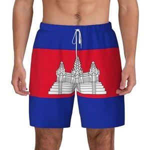 EdWal Cambodja Vlag Print Dubbellaags Strandshort,Heren Zwembroeken Sneldrogende Zwemshorts Board Shorts, Wit, XXL