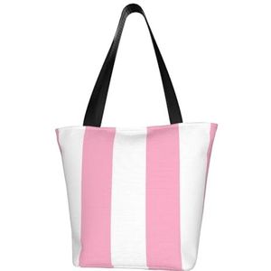BeNtli Schoudertas, canvas draagtas grote tas vrouwen casual handtas herbruikbare boodschappentassen, roze en wit gestreept, zoals afgebeeld, Eén maat