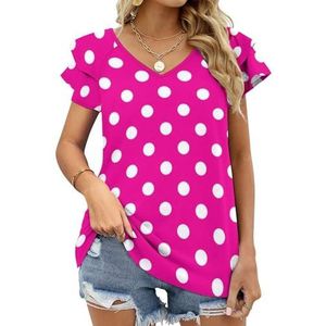 Witte Polka Dots Roze Grafische Blouse Top Voor Vrouwen V-hals Tuniek Top Korte Mouw Volant T-shirt Grappig