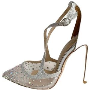 Decor Vrouwen Gaas Wreef Kruis Band Hoge Hak Schoenen Zomer Party Stiletto Pompen Voor Dames, Zilver 10cm hak, 34 EU