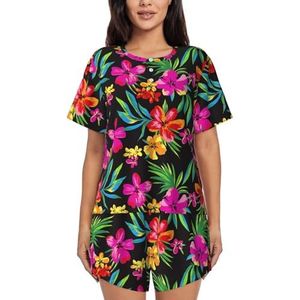 RIVETECH Hawaiiaanse pyjamaset met korte mouwen voor dames, met bloemenprint, comfortabele korte sets, nachtkleding met zakken, Zwart, L