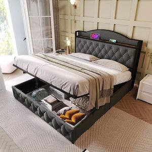 Aunvla Gestoffeerd bed met USB type C oplaadfunctie, tweepersoonsbed, 140 x 200, opbergbed met lattenbodem van metalen frame, grijs (zonder matras)