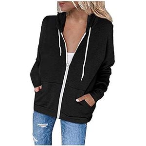 Sportieve sweatshirtjurken voor vrouwen met zakken dames volledige rits jas jas dames casual string capuchon effen kleur comfortabele zak tops basic lange mouw herfst dun vest, Zwart, XXL