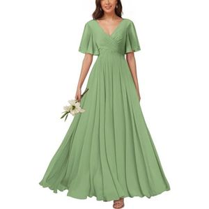 KURFACE Bruidsmeisjesjurken met V-hals en mouwen voor dames, geplooid, chiffon, bruidsmeisje, vloerlengte, formele feestjurk, Sage Groen, 32