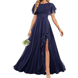 AHERKLL Bruidsmeisjesjurken met korte mouwen voor bruiloft ruches chiffon formele avondfeest maxi-jurk met split HAH053, Donkerblauw, 32