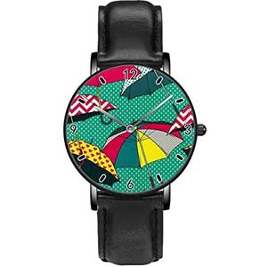 Kleurrijke Paraplu's Regen Groene Achtergrond Persoonlijkheid Business Casual Horloges Mannen Vrouwen Quartz Analoge Horloges, Zwart