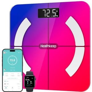 Healthkeep Personenweegschaal, impedantiemeter, Bluetooth, zeer nauwkeurig, met app 13 indicatoren voor Android en iOS Max, 180 kg/400 lb/28 st, 28 x 28 cm, meerkleurig