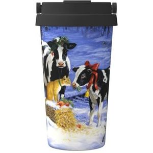 EdWal Kerst sneeuw melk koe print 500 ml koffiemok, geïsoleerde camping mok met deksel, reisbeker, geweldig voor elke drank