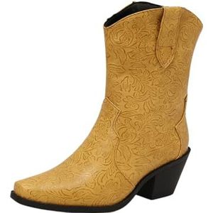 Dames Korte Laarzen Met Bloemenprints Retro Western Cowboy Enkellaarsjes Combat Ankle Boots Met Blokhak PU Leren Bikerlaarsjes Casual Instapschoenen for Herfst/winter(Yellow,43 EU)