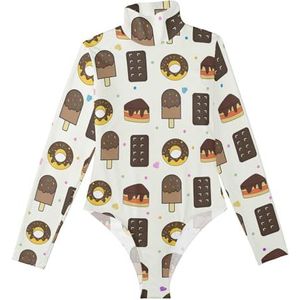 LI ZHI XIN Rompertjes met lange mouwen voor dames, eendelige jumpsuit met hoge hals, coltrui, turnpakje, top voor meisjes, dans, workout, fitness, bodysuit, donut, ijs, chocoladepatroon, Meerkleurig