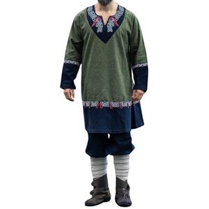 Leonardo Carbone® Uniseks tuniek Freydis, handborduurwerk, V-hals, carnaval, Halloween, cosplay, LARP, middeleeuwen, Viking, kostuum, gewaad, 100% katoen, olijfgroen, S-M